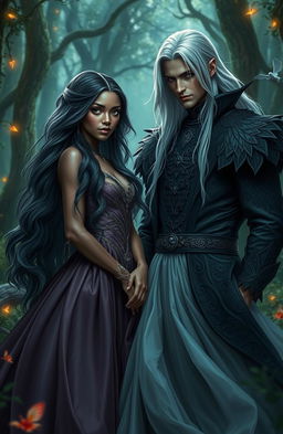 A captivating romance fantasy scene featuring a beautiful black female lead with long flowing hair, dressed in an elegant fantasy gown, standing in a mystical forest