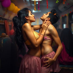 A sensual portrayal of a college girl inspired by Nushrat Bharucha, wearing a low waist chiffon short skirt, passionately making out with her male classmate at a Holi party in a bus hostel