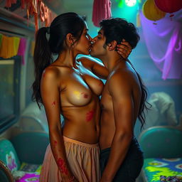 A sensual portrayal of a college girl inspired by Nushrat Bharucha, wearing a low waist chiffon short skirt, passionately making out with her male classmate at a Holi party in a bus hostel