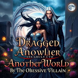 A visually striking and dramatic book cover for 'Dragged Into Another World By The Obsessive Villain'
