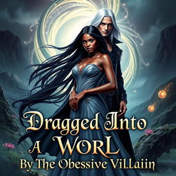 A visually striking and dramatic book cover for 'Dragged Into Another World By The Obsessive Villain'