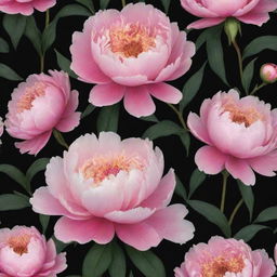 Modify the floral wallpaper design: Incorporate more large peonies, blooming in vivid hues against a dramatic black background, making the peonies even more prominent and visually alluring