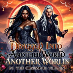 A visually striking and dramatic book cover for 'Dragged Into Another World By The Obsessive Villain'