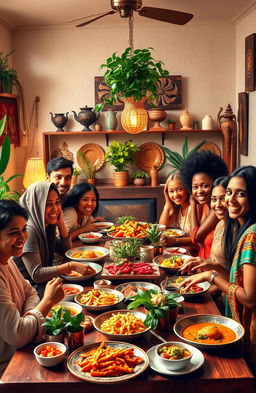 A vibrant and welcoming scene depicting the theme of hospitality with a warm, inviting atmosphere