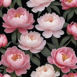 Modify the floral wallpaper design: Incorporate more large peonies, blooming in vivid hues against a dramatic black background, making the peonies even more prominent and visually alluring