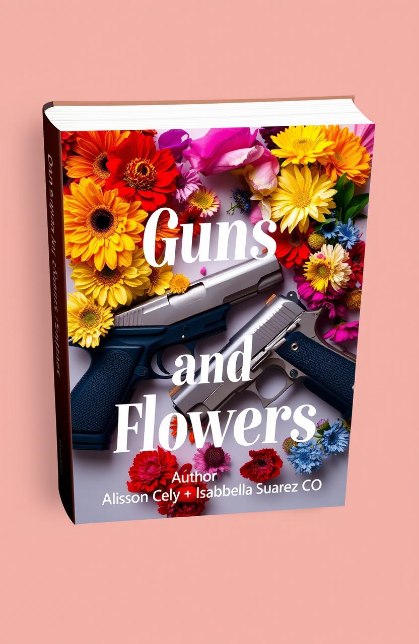 A creative book cover titled "Guns and Flowers" featuring an artistic arrangement of various types of flowers intertwined with handguns