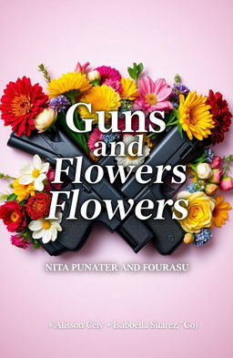 A creative book cover titled "Guns and Flowers" featuring an artistic arrangement of various types of flowers intertwined with handguns