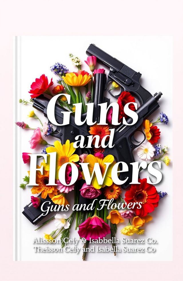 A creative book cover titled "Guns and Flowers" featuring an artistic arrangement of various types of flowers intertwined with handguns