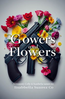 A creative book cover titled "Guns and Flowers" featuring an artistic arrangement of various types of flowers intertwined with handguns