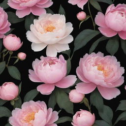 Modify the floral wallpaper design: Incorporate more large peonies, blooming in vivid hues against a dramatic black background, making the peonies even more prominent and visually alluring