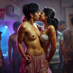 A sensual representation of a college girl inspired by Nushrat Bharucha, wearing a low waist chiffon short skirt, engaged in a passionate kiss with her male classmate at a lively Holi party in a boys' hostel