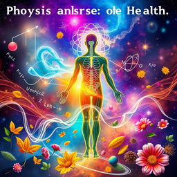 An inspirational and creative representation of the connection between physics and health, featuring a vibrant cosmic background with elements of anatomy, such as a human silhouette surrounded by flowing energy, representing vitality and life force