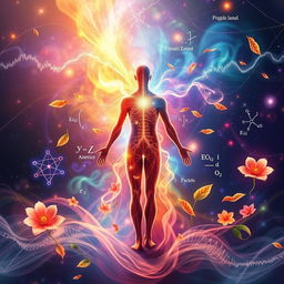 An inspirational and creative representation of the connection between physics and health, featuring a vibrant cosmic background with elements of anatomy, such as a human silhouette surrounded by flowing energy, representing vitality and life force