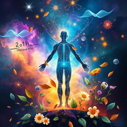 An inspirational and creative representation of the connection between physics and health, featuring a vibrant cosmic background with elements of anatomy, such as a human silhouette surrounded by flowing energy, representing vitality and life force