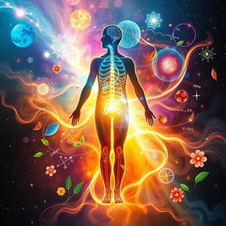 An inspirational and creative representation of the connection between physics and health, featuring a vibrant cosmic background with elements of anatomy, such as a human silhouette surrounded by flowing energy, representing vitality and life force