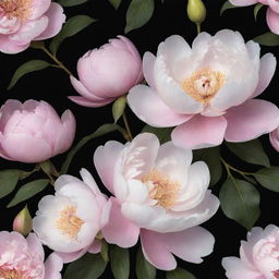 Amend the floral wallpaper design: Incorporate even more enlarged peonies and add magnolia flowers, all bursting into bloom against a dramatic black background, enhancing the visual contrast and richness