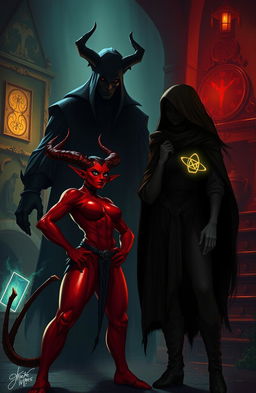 A fierce demoness, depicted with vibrant red skin, long pointed ears, and sharp features, standing defiantly in a dimly lit magical institution