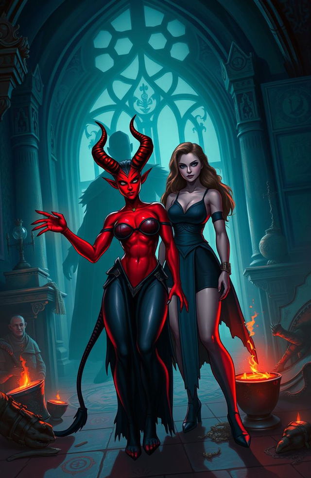 A fierce demoness, depicted with vibrant red skin, long pointed ears, and sharp features, standing defiantly in a dimly lit magical institution