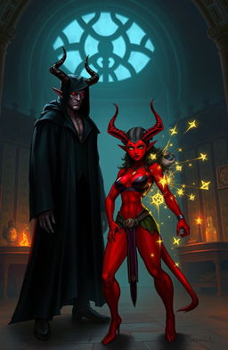 A fierce demoness, depicted with vibrant red skin, long pointed ears, and sharp features, standing defiantly in a dimly lit magical institution