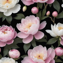 Amend the floral wallpaper design: Incorporate even more enlarged peonies and add magnolia flowers, all bursting into bloom against a dramatic black background, enhancing the visual contrast and richness