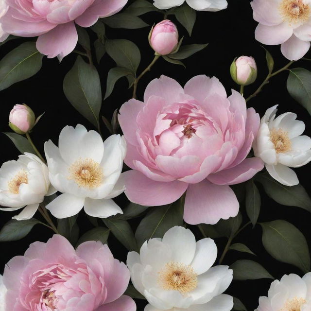 Amend the floral wallpaper design: Incorporate even more enlarged peonies and add magnolia flowers, all bursting into bloom against a dramatic black background, enhancing the visual contrast and richness