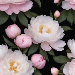 Amend the floral wallpaper design: Incorporate even more enlarged peonies and add magnolia flowers, all bursting into bloom against a dramatic black background, enhancing the visual contrast and richness