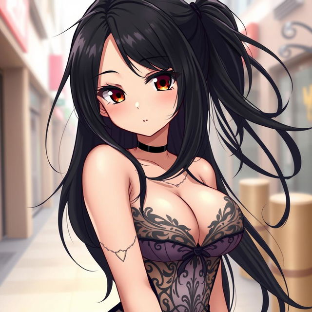 Anime style illustration of a black-haired girl with long flowing hair, styled without any accessories