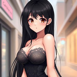Anime style illustration of a black-haired girl with long flowing hair, styled without any accessories