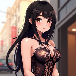 Anime style illustration of a black-haired girl with long flowing hair, styled without any accessories