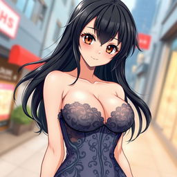 Anime style illustration of a black-haired girl with long flowing hair, styled without any accessories