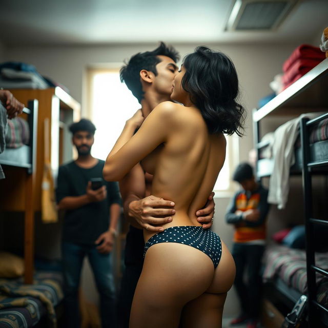 A sensual portrayal of a college girl inspired by Nushrat Bharucha, wearing a low waist bikini bottom, passionately making out with her male classmate in a lively boys' hostel room