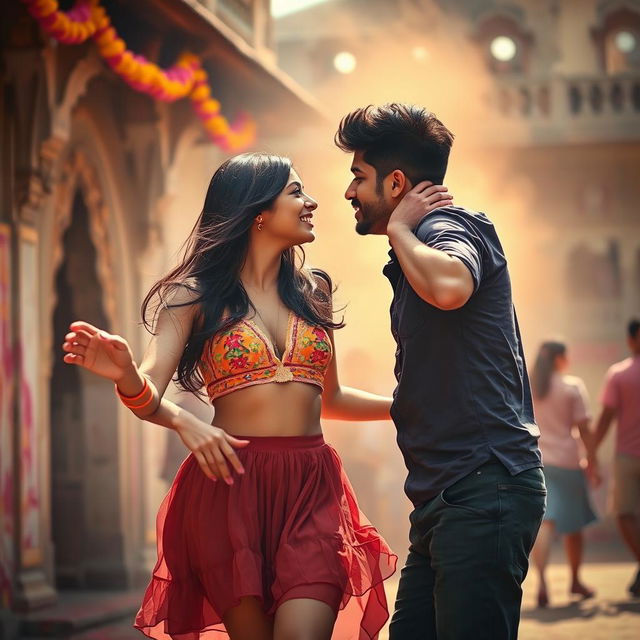 A sensual college girl resembling Nushrat Bharucha wearing a low waist chiffon short skirt, dancing playfully in a vibrant atmosphere at a Rajasthani fort during Holi