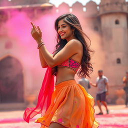 A sensual college girl resembling Nushrat Bharucha wearing a low waist chiffon short skirt, dancing playfully in a vibrant atmosphere at a Rajasthani fort during Holi