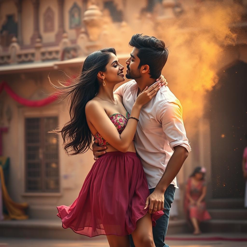 A sensual college girl resembling Nushrat Bharucha wearing a low waist chiffon short skirt, dancing playfully in a vibrant atmosphere at a Rajasthani fort during Holi