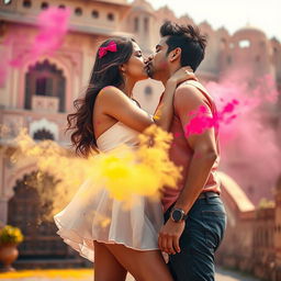 A sensual college girl resembling Nushrat Bharucha wearing a low waist chiffon short skirt, captured in a romantic moment making out with her male classmate at a stunning Rajasthani fort during Holi