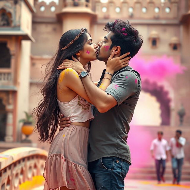 A sensual college girl resembling Nushrat Bharucha wearing a low waist chiffon short skirt, captured in a romantic moment making out with her male classmate at a stunning Rajasthani fort during Holi