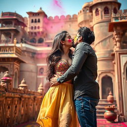A sensual college girl resembling Nushrat Bharucha wearing a low waist chiffon short skirt, captured in a romantic moment making out with her male classmate at a stunning Rajasthani fort during Holi