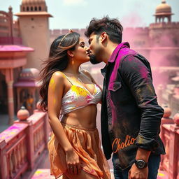 A sensual college girl resembling Nushrat Bharucha wearing a low waist chiffon short skirt, captured in a romantic moment making out with her male classmate at a stunning Rajasthani fort during Holi