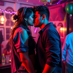 A sensual college girl resembling Nushrat Bharucha, depicted in a lively house party scene, confidently showcasing her allure
