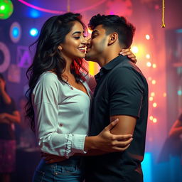 A sensual college girl resembling Nushrat Bharucha, depicted in a lively house party scene, confidently showcasing her allure