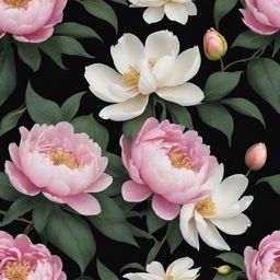 Transform the floral wallpaper design: Increase the amount of enlarged peonies and magnolia flowers, reducing the prominence of the green leaves