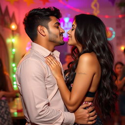 A sensual college girl resembling Nushrat Bharucha, depicted in a lively house party scene, confidently showcasing her allure
