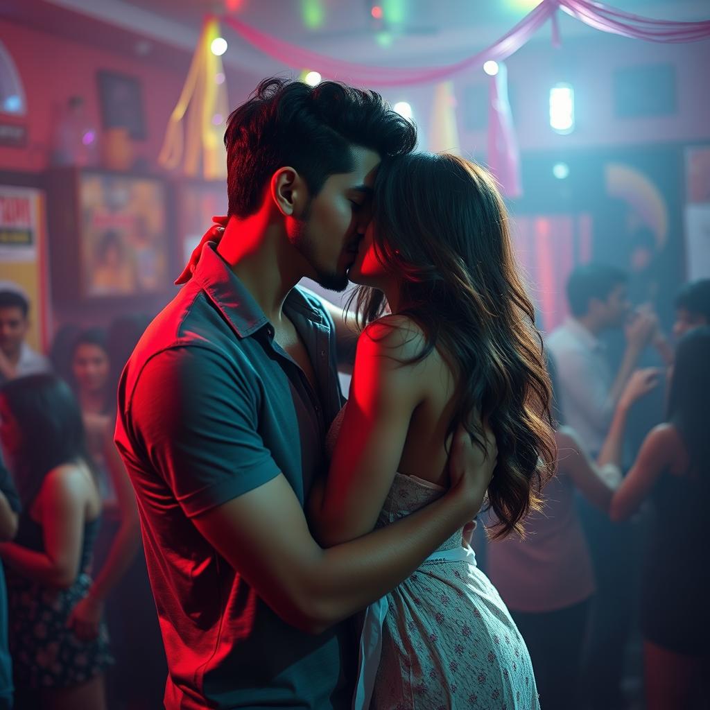 A sensual college girl resembling Nushrat Bharucha, depicted in a lively house party scene, confidently showcasing her allure