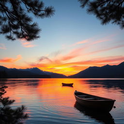 A serene landscape featuring a vivid sunset over a tranquil lake, surrounded by majestic mountains