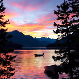 A serene landscape featuring a vivid sunset over a tranquil lake, surrounded by majestic mountains