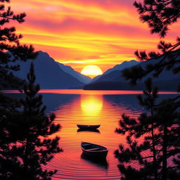 A serene landscape featuring a vivid sunset over a tranquil lake, surrounded by majestic mountains