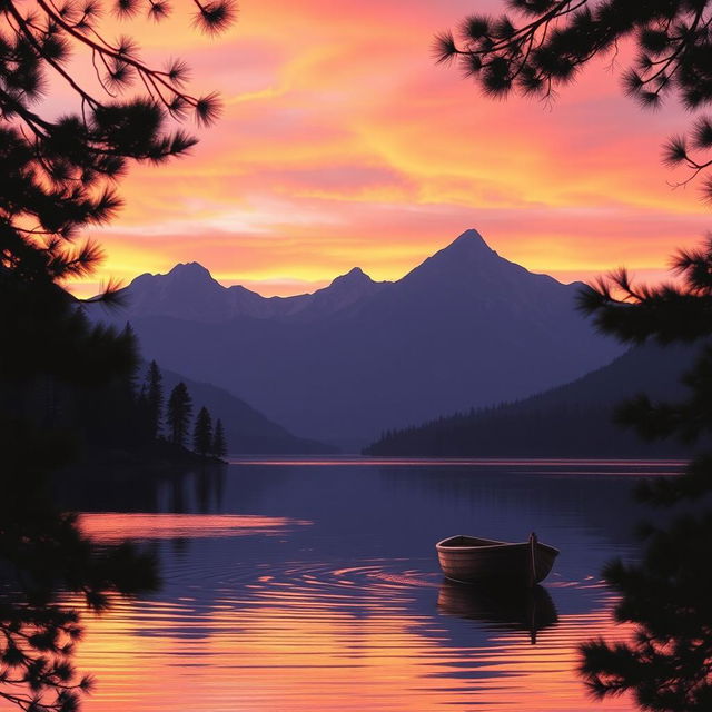 A serene landscape featuring a vivid sunset over a tranquil lake, surrounded by majestic mountains