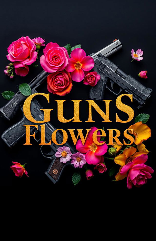 An artistic composition featuring the title 'Guns and Flowers' in bold, elegant typography