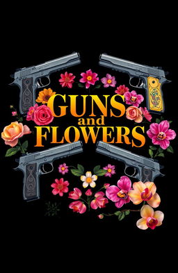 An artistic composition featuring the title 'Guns and Flowers' in bold, elegant typography