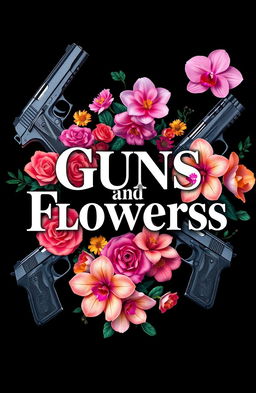 An artistic composition featuring the title 'Guns and Flowers' in bold, elegant typography